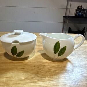 Dibbern Fine Bone China Creamer & Sugar Bowl w Lid, White Green Leaf